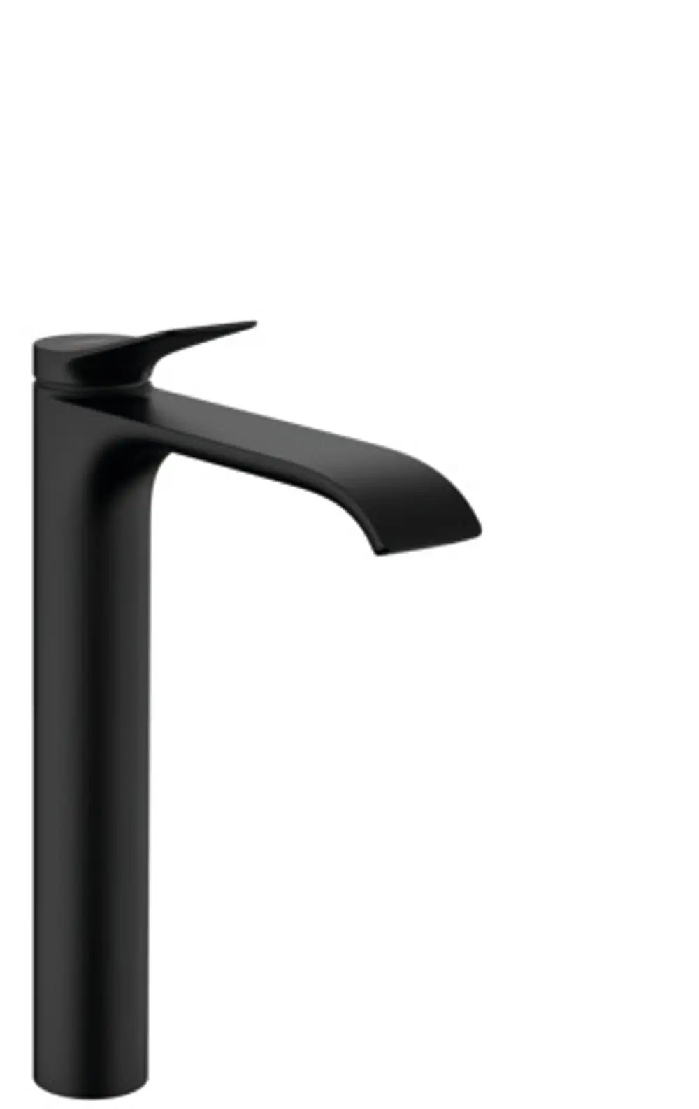 Schwarzer Einhebel-Waschtischmischer von Hansgrohe mit flacher Auslaufform und Bedienhebel, geeignet für Aufsatzwaschtische und inklusive Zugstangen-Ablaufgarnitur.
